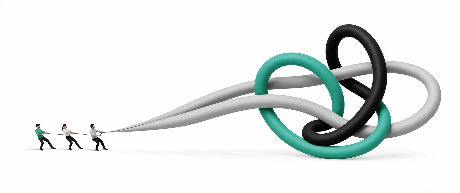Three figures pulling a tangle of tight, elastic and loose loops