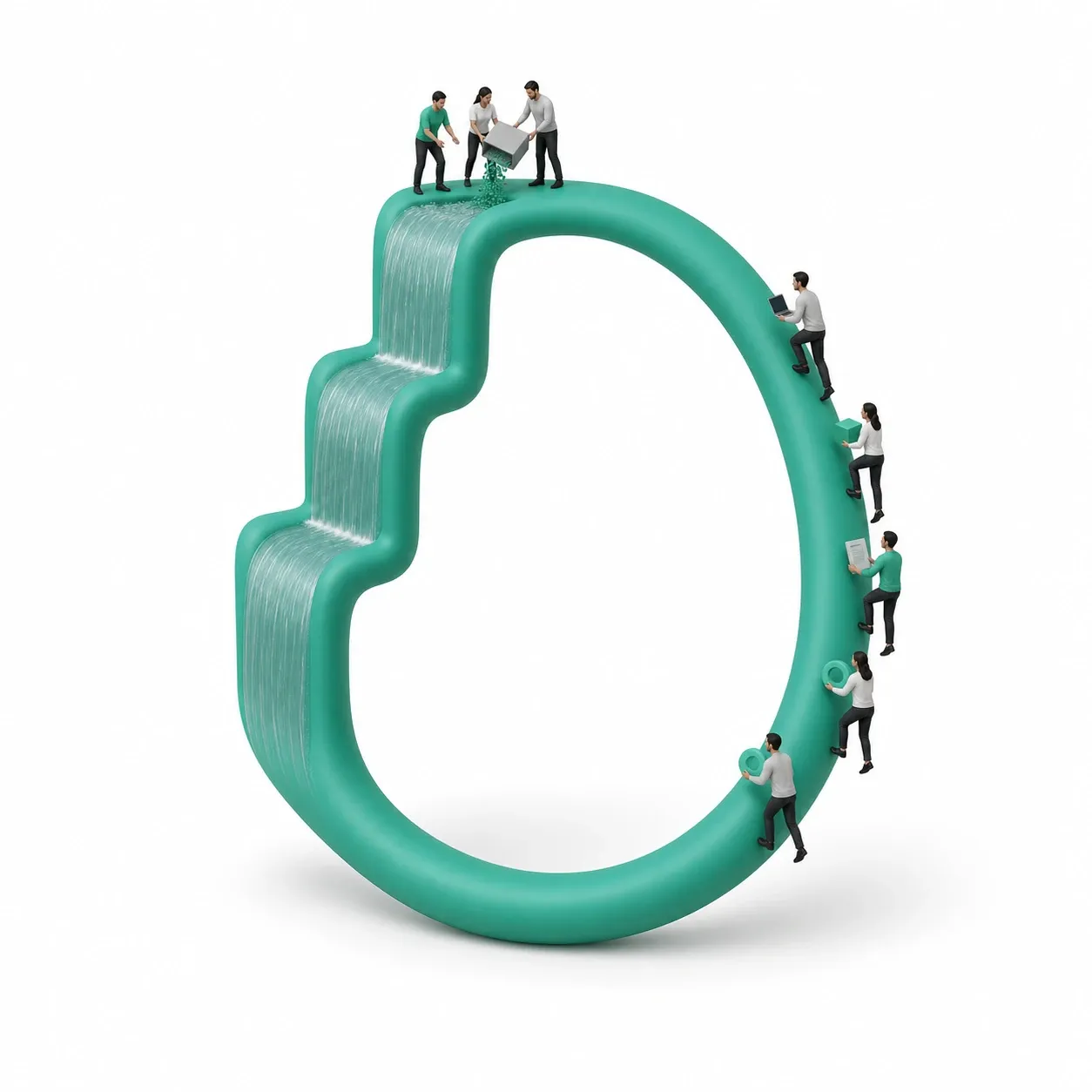 A mint loop whose descending side is a stepped waterfall cascade and whose ascending side is a smooth return arc closing it into a loop, with miniature figures iterating around it