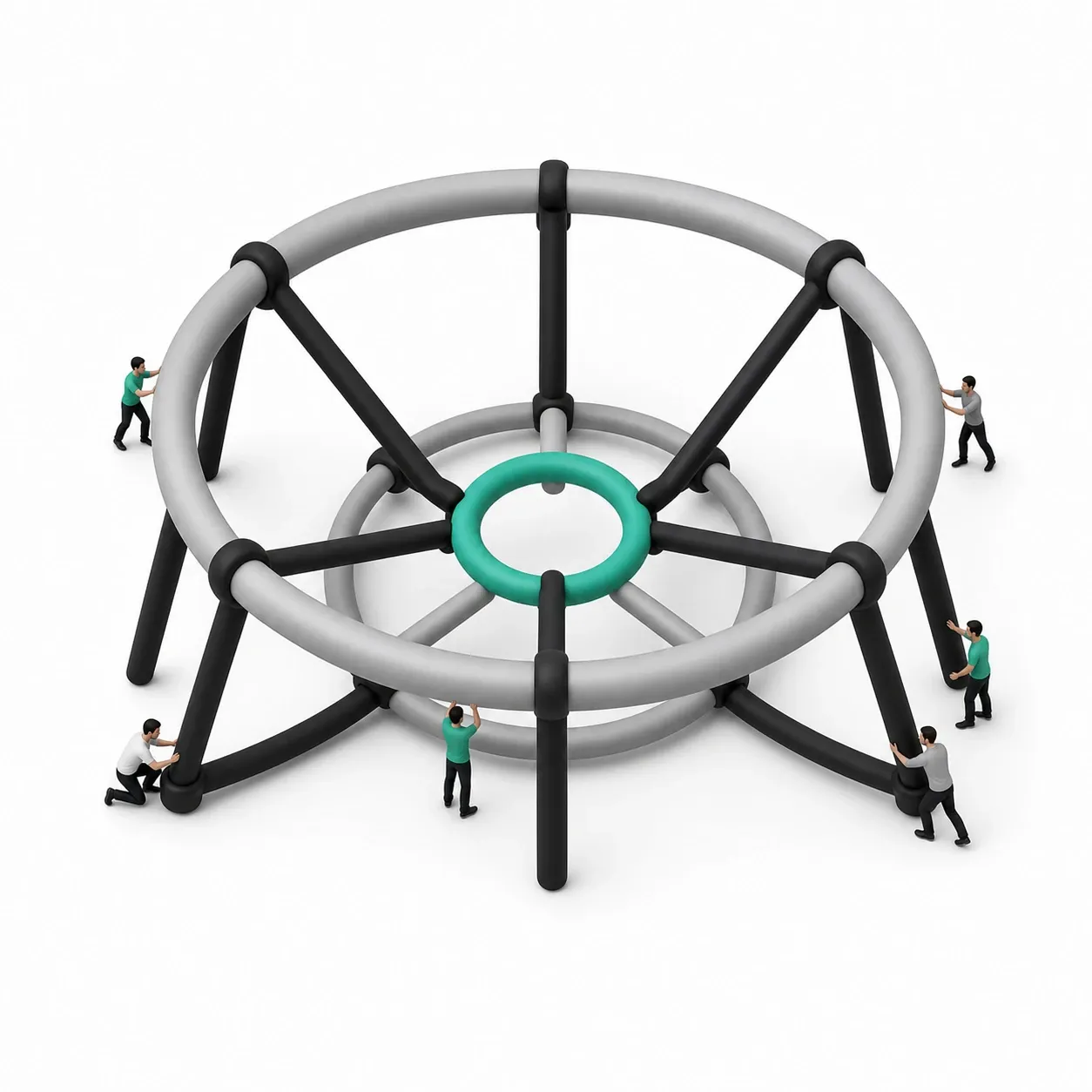 A small mint loop braced at the center of a much larger scaffold ring-cage of black and silver struts, with miniature figures building and tightening the surrounding frame