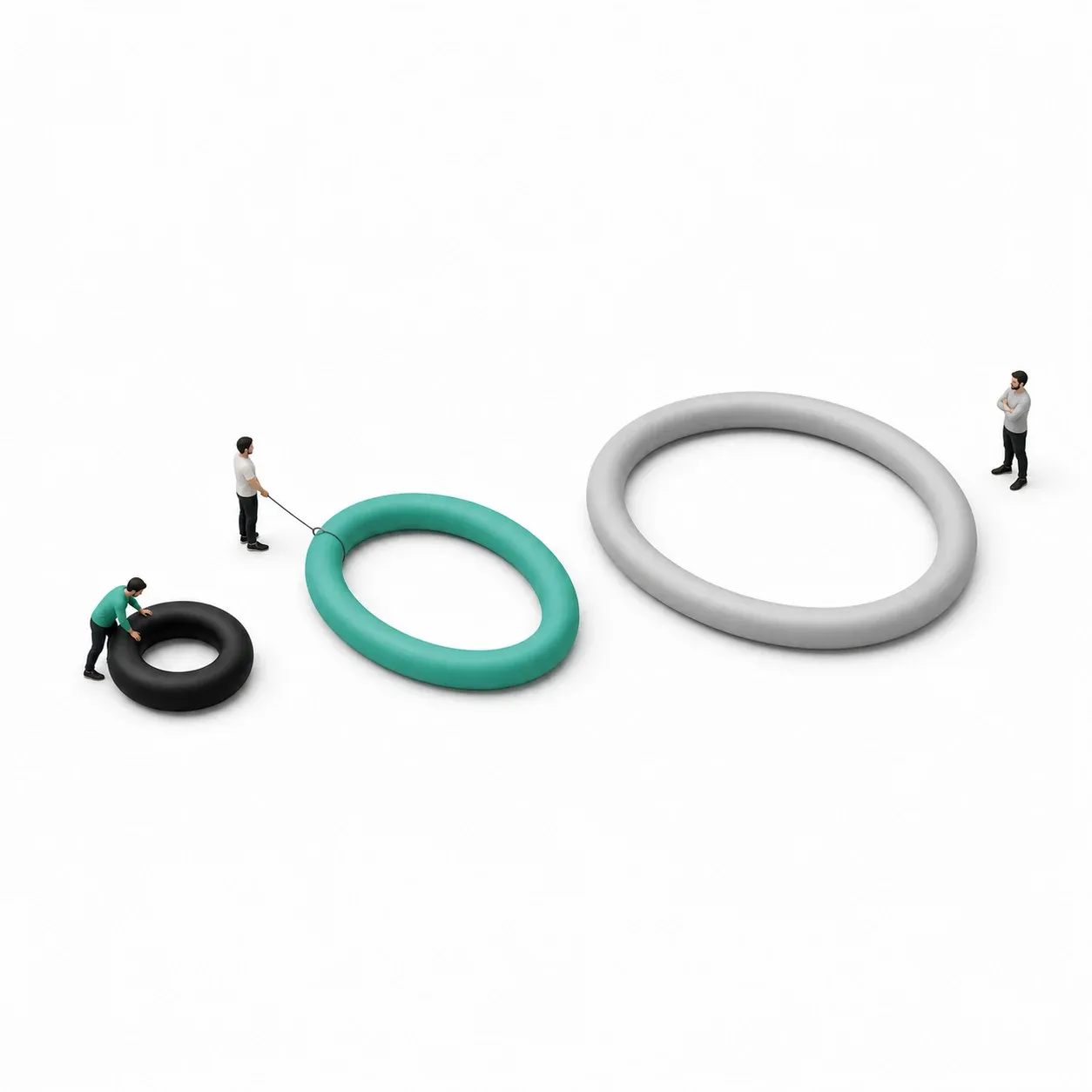 Three pool-noodle loops growing from a small tight black ring to a wide loose silver one, with miniature figures at shrinking degrees of involvement