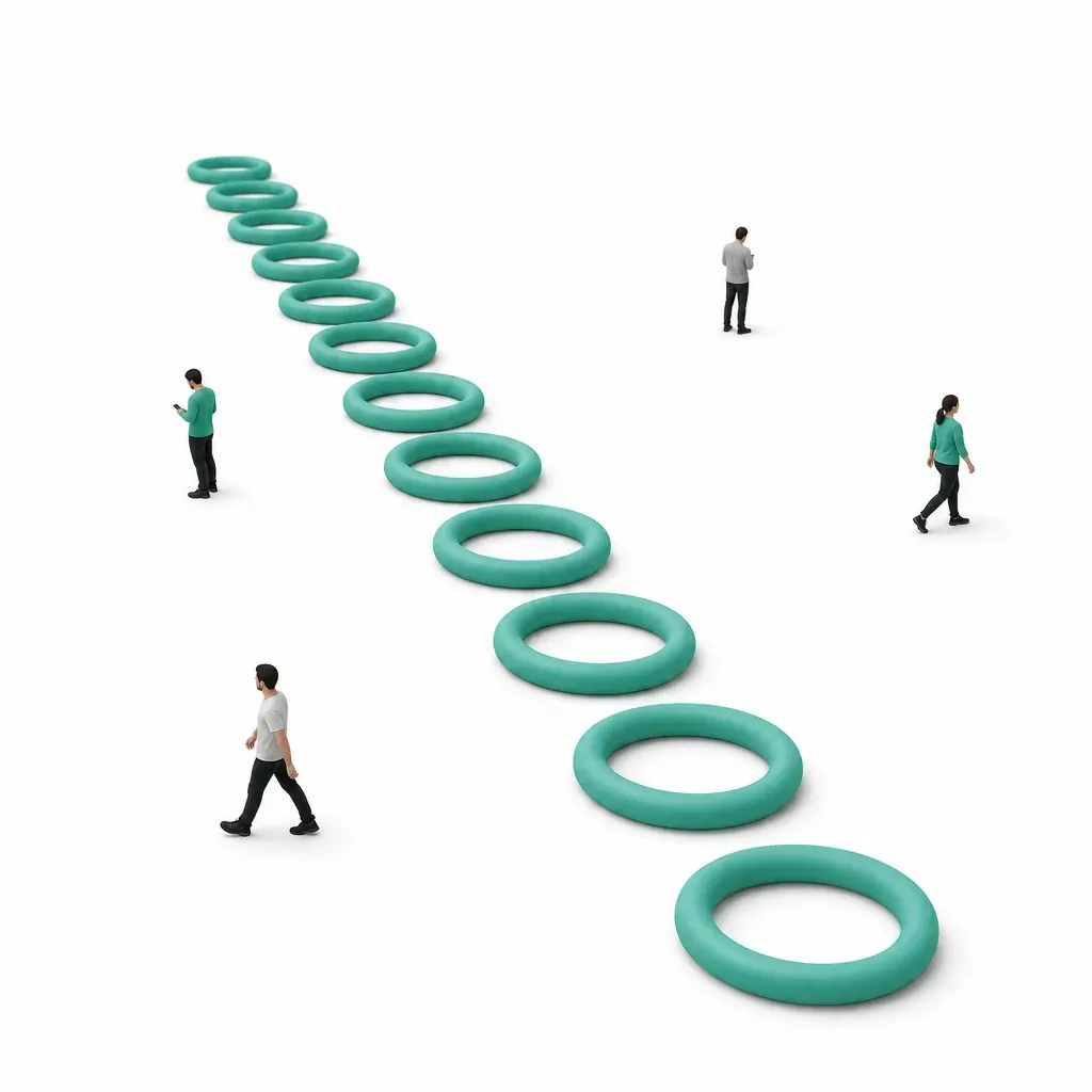 A long neat row of identical mint loops receding into the distance while miniature figures walk past, turn their backs, and stare at phones, none of them reacting