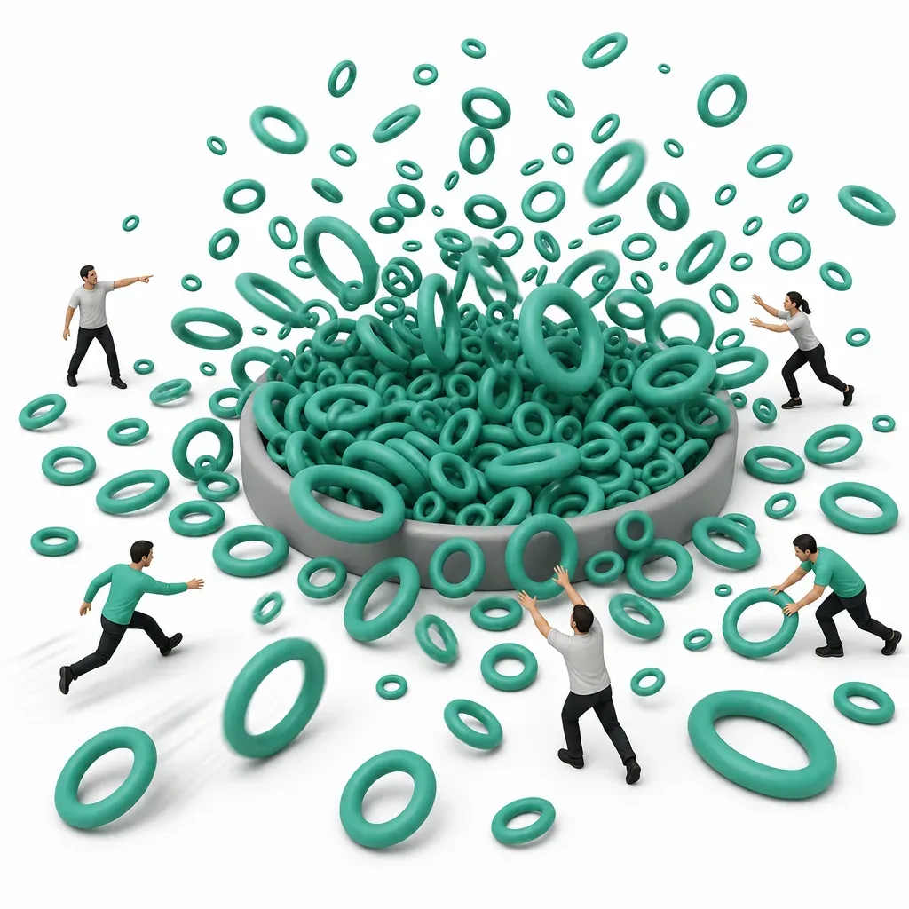 A single mint loop burst into dozens that spill over the rim of a containment basin and roll away in every direction, while miniature figures rush in, point, and try to catch them