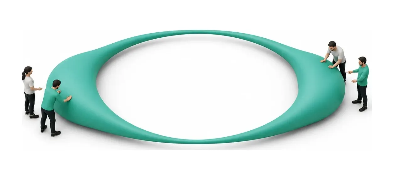 A single mint loop whose left and right ends swell fat while the top and bottom arcs taper to threads, with miniature figures clustered at the two heavy ends and none on the thin middle